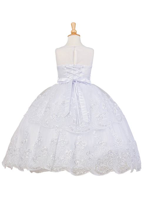 Little Girls White Bow Rhinestone Pearl Bolero Flower Girl Dress 2-6
